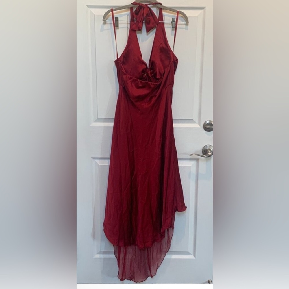 Vintage 90's Cache Dark Silk Red Halter neck Front Hi Low Dress Sz 10